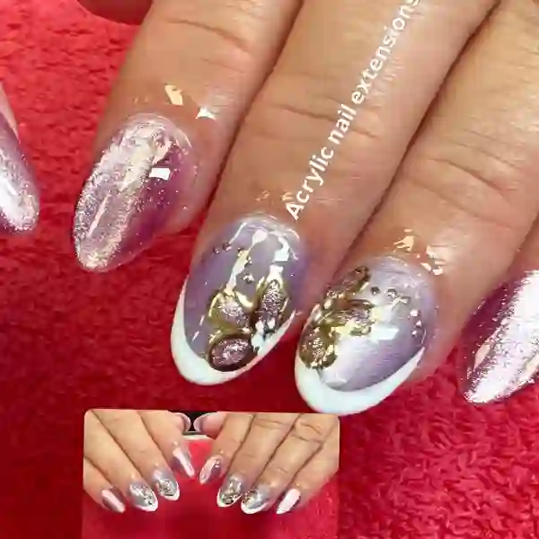 Chrome nails with gold 3D butterfly nail art